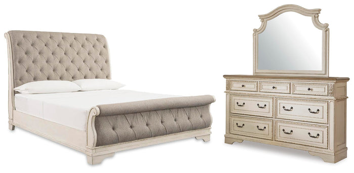 Barnwell Queen Upholstered Sleigh Bed with Dresser and Mirror