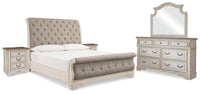 Barnwell King Upholstered Sleigh Bed with Dresser and Mirror and 2 Nightstands