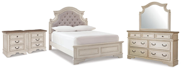 Realyn Full Upholstered Panel Bed, Dresser, Mirror and 2 Nightstands