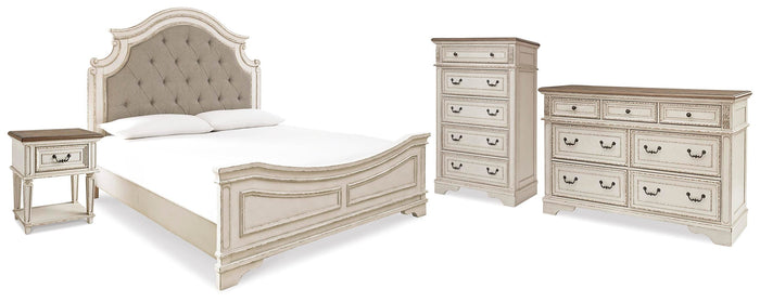 Barnwell King Upholstered Panel Bed with Dresser and Chest and Nightstand