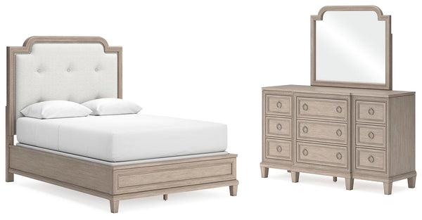 Jorlaina Queen Upholstered Panel Bed, Dresser and Mirror