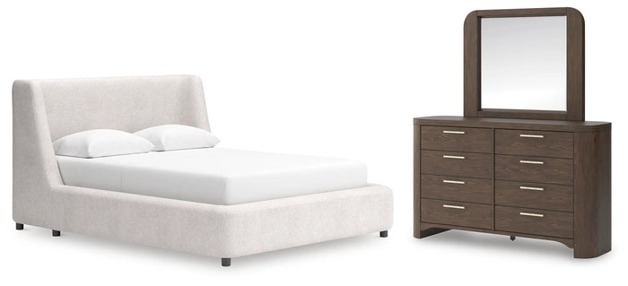 Solenne Queen Upholstered Platform Bed with Dresser and Mirror