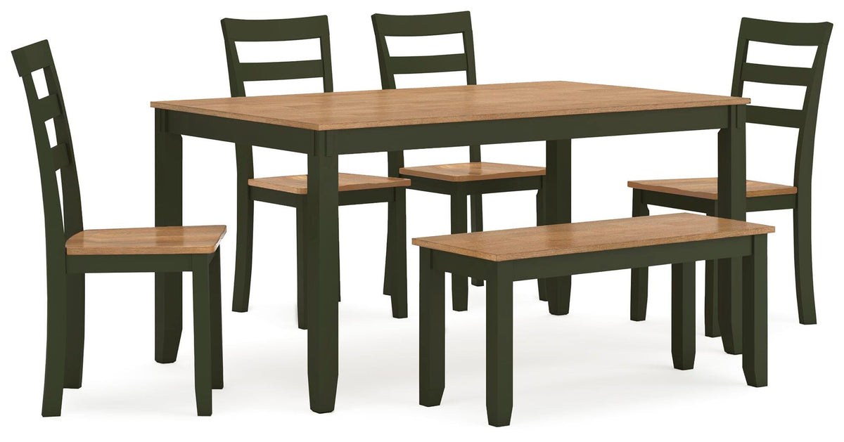 Windham Dining Table with 4 Chairs and Bench (Set of 6) in Natural/Green