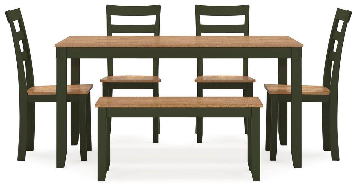 Windham Dining Table with 4 Chairs and Bench (Set of 6) in Natural/Green