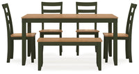 Windham Dining Table with 4 Chairs and Bench (Set of 6) in Natural/Green