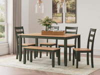 Windham Dining Table with 4 Chairs and Bench (Set of 6) in Natural/Green