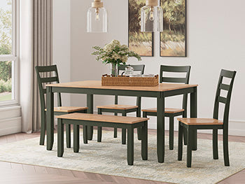 Windham Dining Table with 4 Chairs and Bench (Set of 6) in Natural/Green