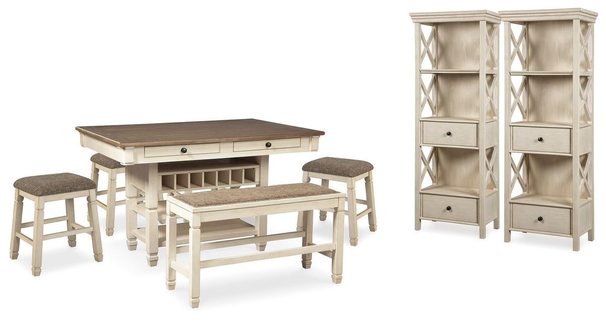 Hartwell Counter Height Dining Table with 4 Stools and Bench and 2 Display Cabinets