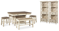 Hartwell Counter Height Dining Table with 4 Stools and Bench and 2 Display Cabinets