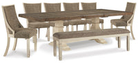 Hartwell Dining Table with 6 Chairs and Bench in Antique White