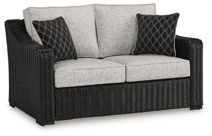 Tallowood Outdoor Loveseat with Cushion in Black/Light Gray