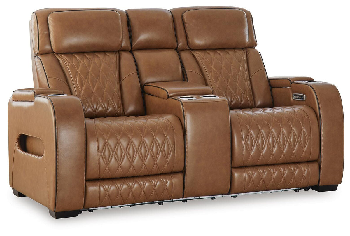 Anvilbrook Power Reclining Loveseat with Console in Caramel