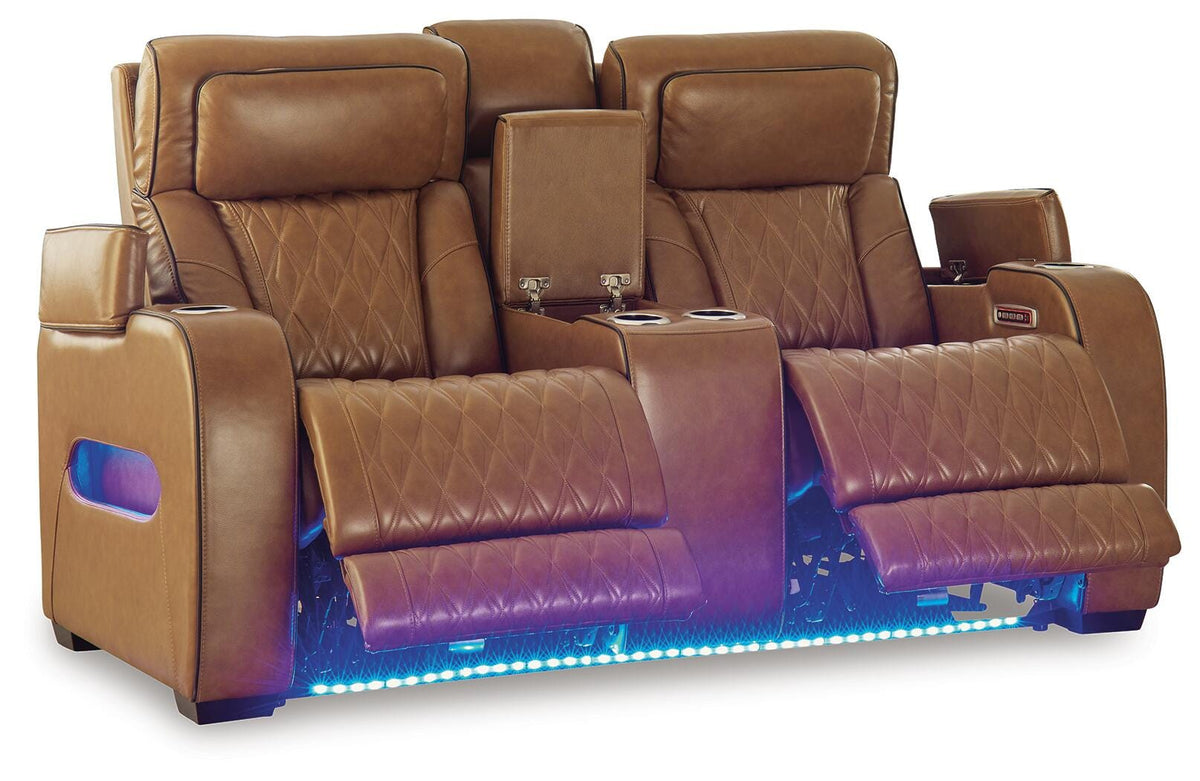 Anvilbrook Power Reclining Loveseat with Console in Caramel