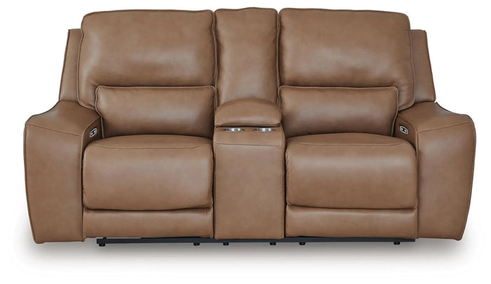 Pennington Power Reclining Loveseat with Console in Caramel